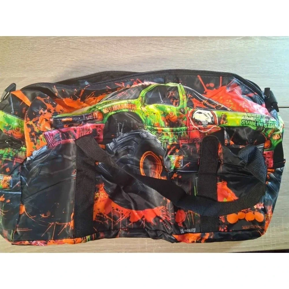 Monster Truck Duffel Bag Green Orange Splatter Graphic Travel Gym Sports Bag